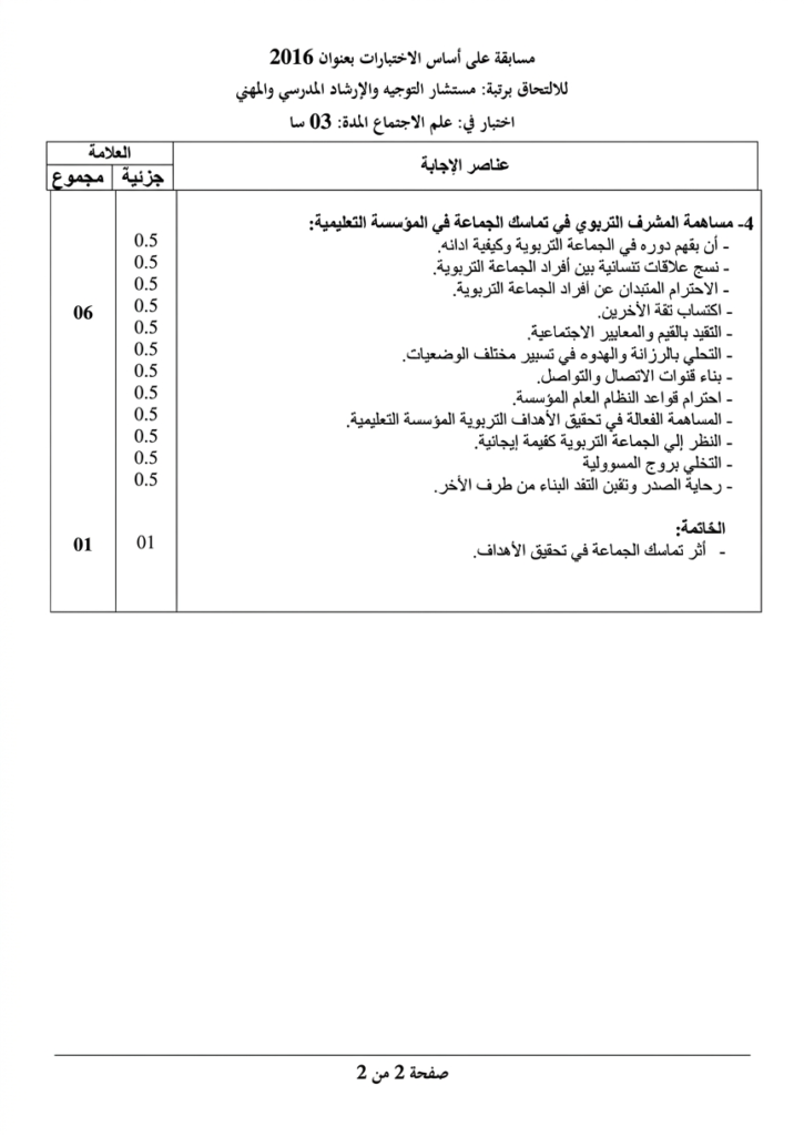 الاجابة النمودجية في موضوع علم الاجتماع في مسابقة مستشار التوجيه 2016