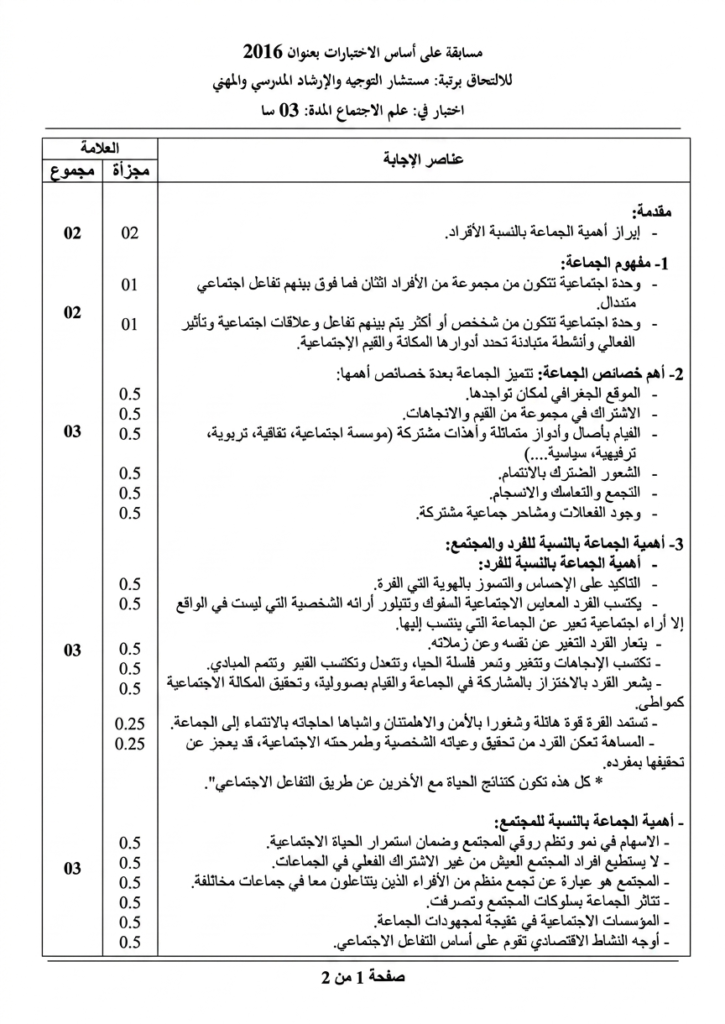 الاجابة النمودجية في موضوع علم الاجتماع في مسابقة مستشار التوجيه 2016